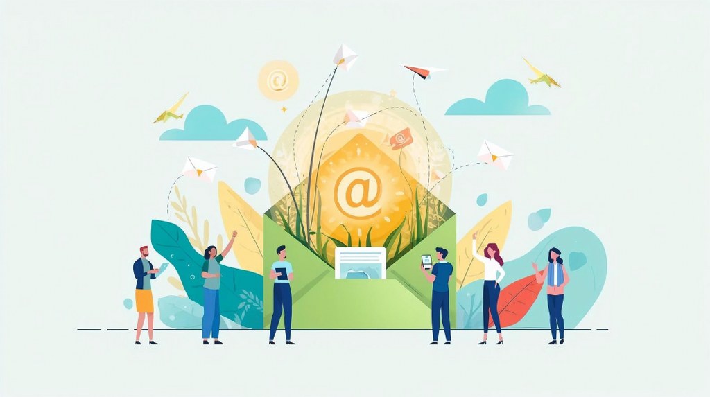 A large open envelope sits at the center with glowing email icons.