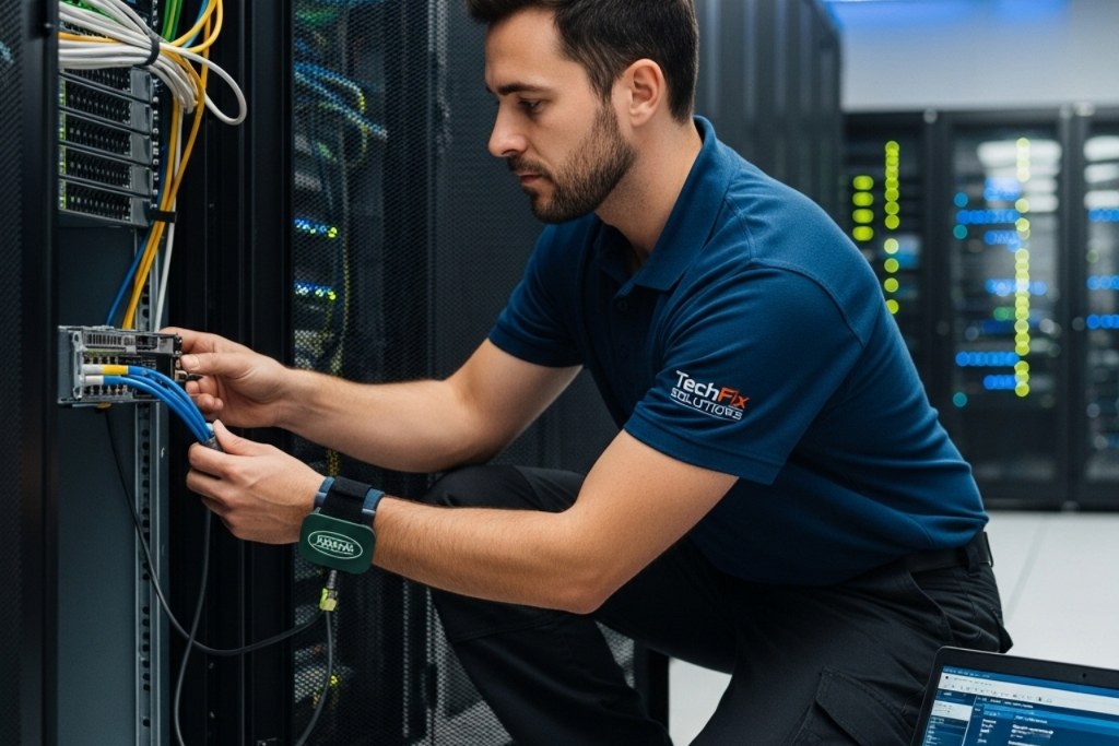 A male IT technician in a server room, kneeling in front of an open server rack. 