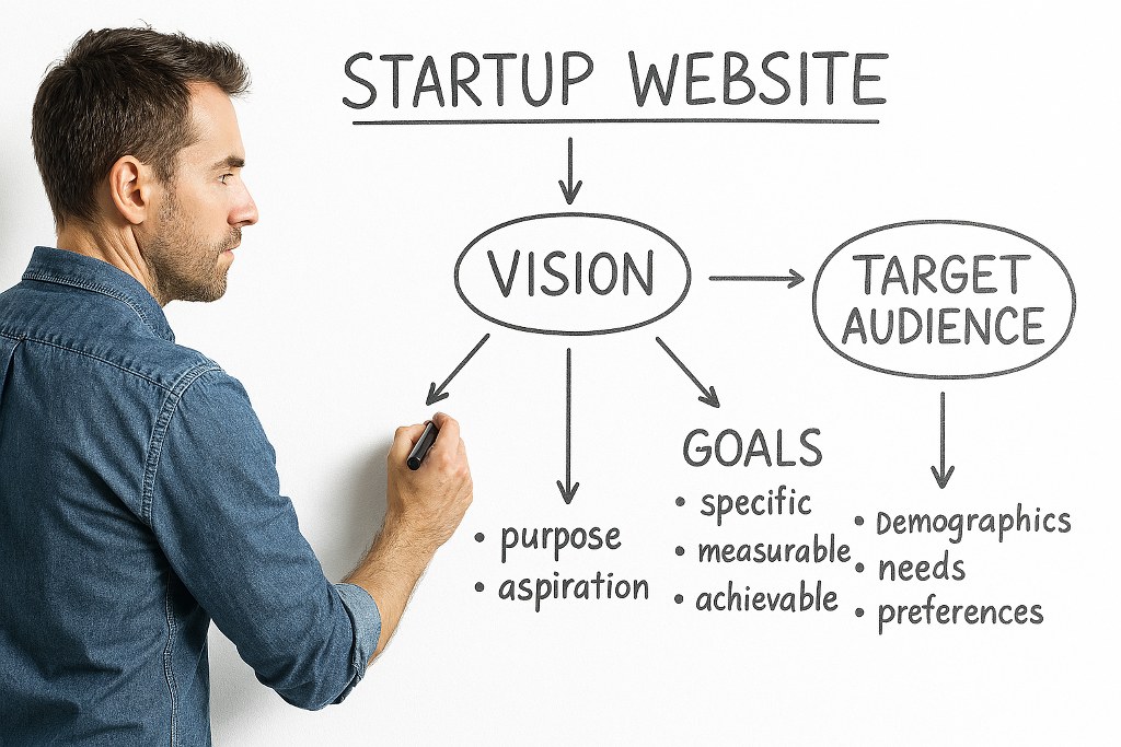 A man brainstorming the Vision, Goals, and Target Audience for his startup website.