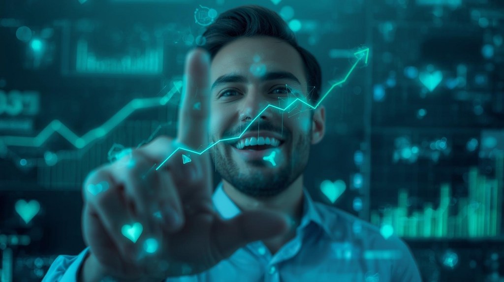 A man happily interacting with a glowing website interface.