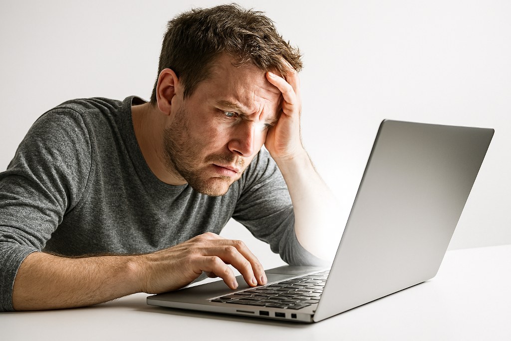 A man having a bad experience on a website.