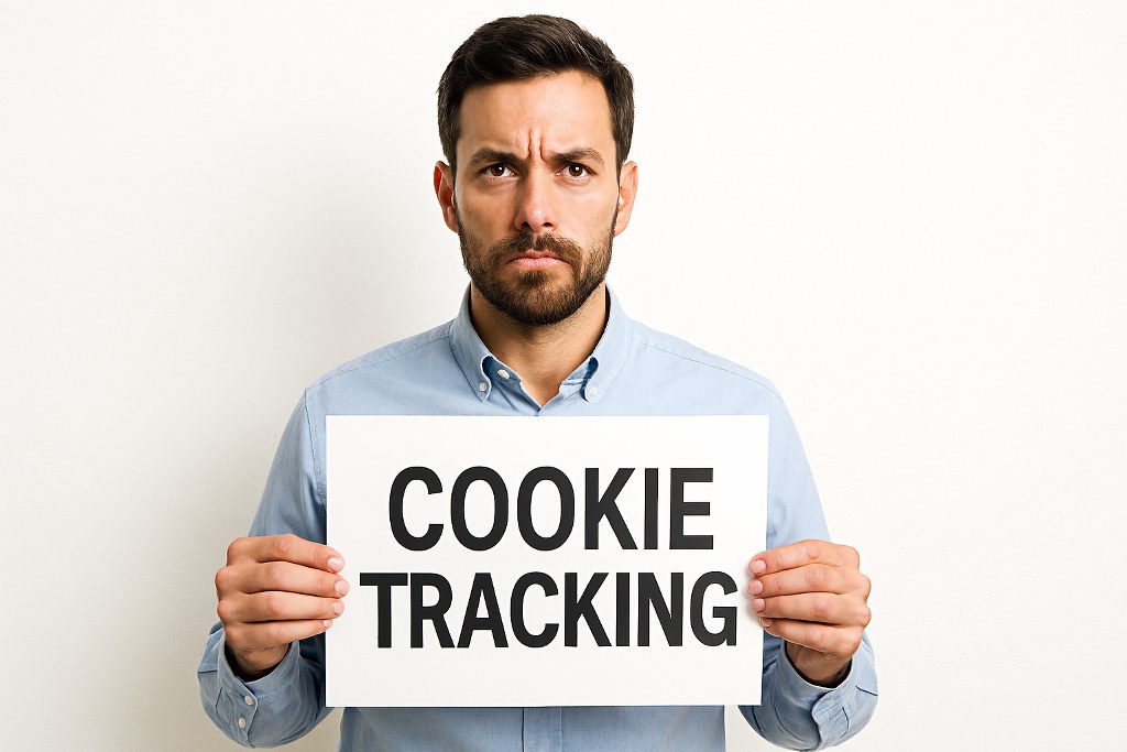 A man holding a placard written cookie tracking.