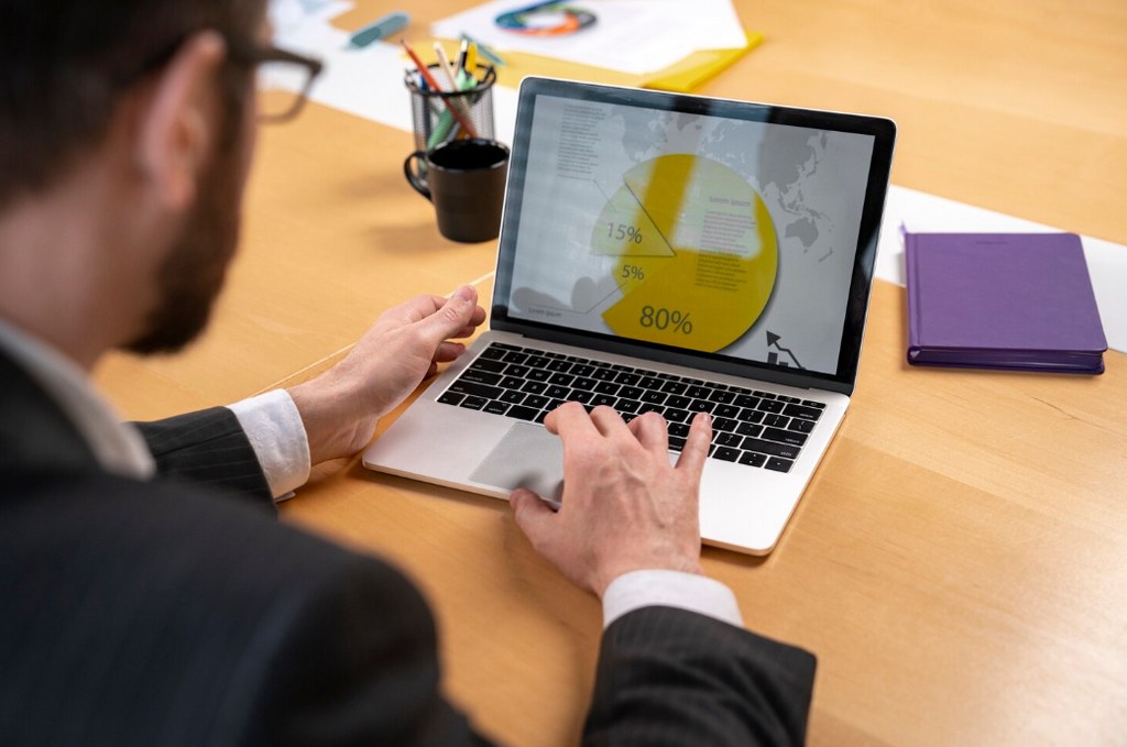 A man looking at a pie chart on a website.