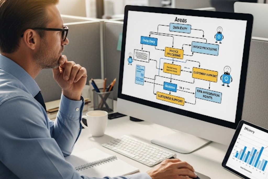 A manager analyzing a workflow on a computer screen to implement robotic automation.