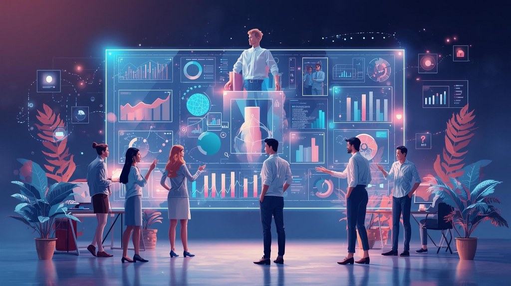 A modern vector illustration depicting a diverse group of professionals in digital workspace.