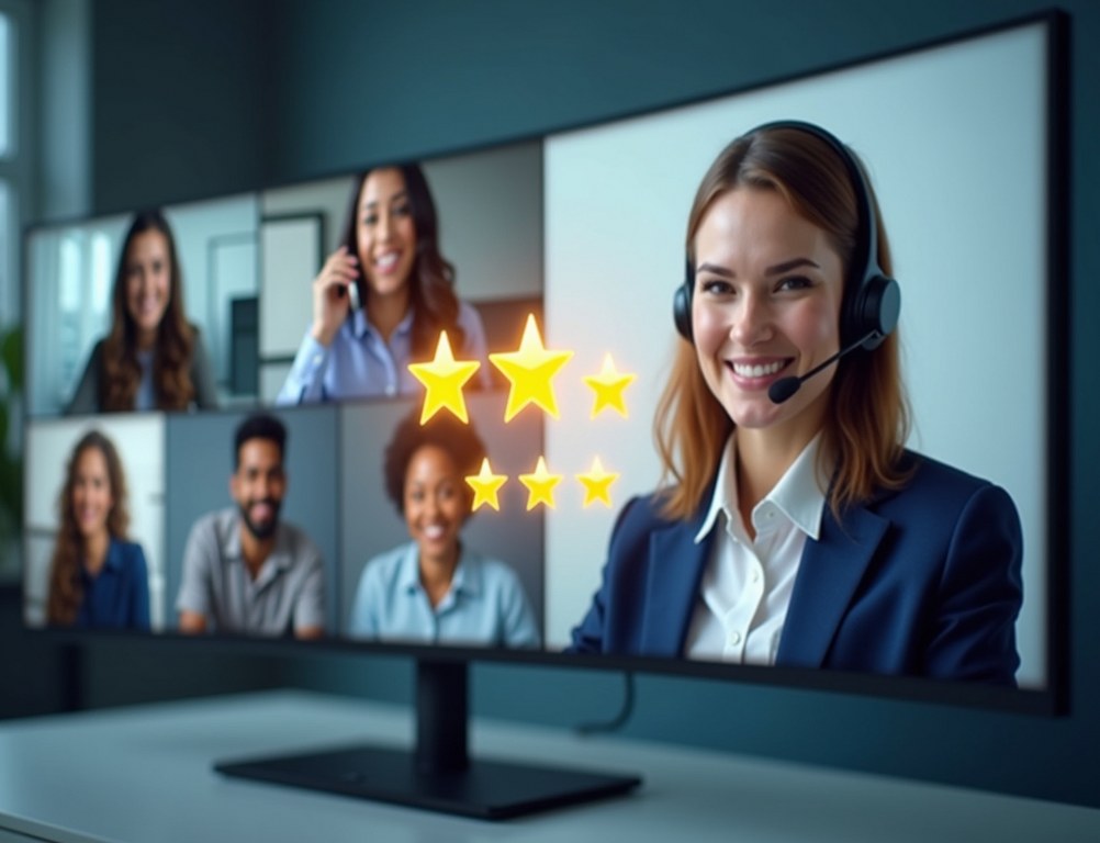 A montage showing happy customers and a support agent, representing an excellent customer experience.