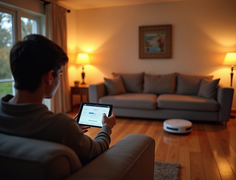 A person controls their smart home devices from a tablet while relaxing in a modern, connected living room.