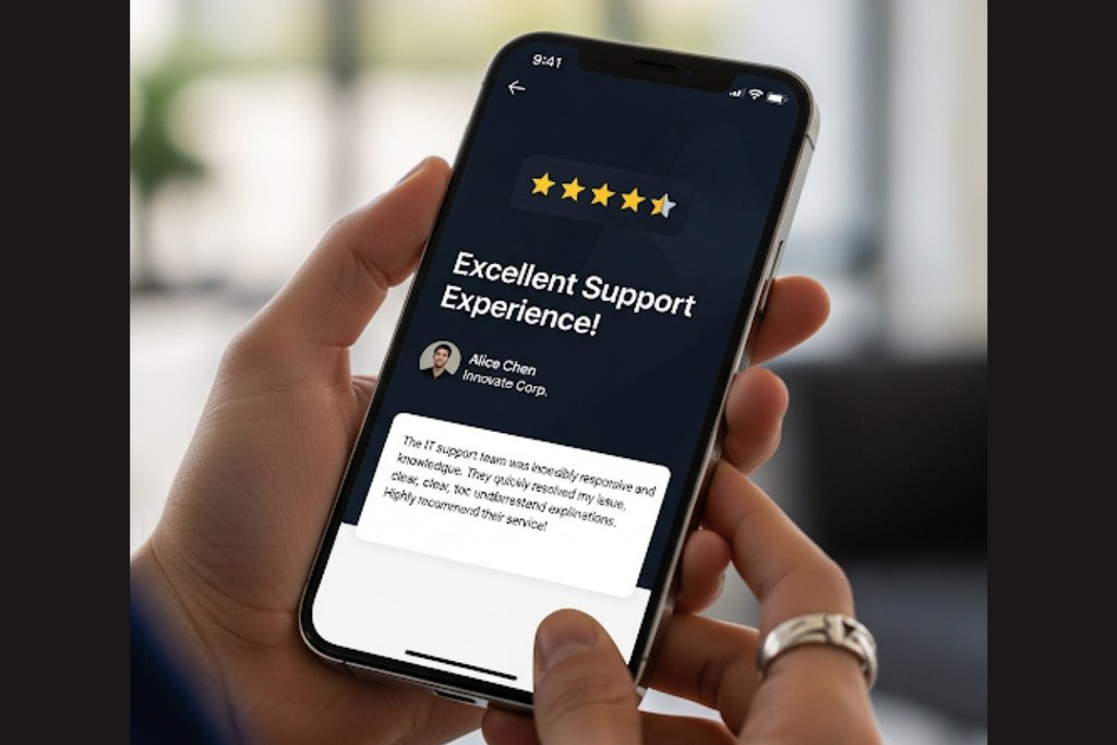 A person holding an iPhone displaying a webpage with feedback for an IT support service.