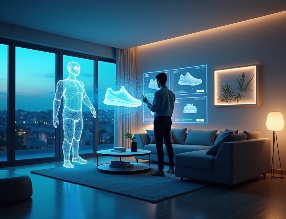 A person in their living room interacts with a holographic AI assistant that is showing personalized product recommendations.
