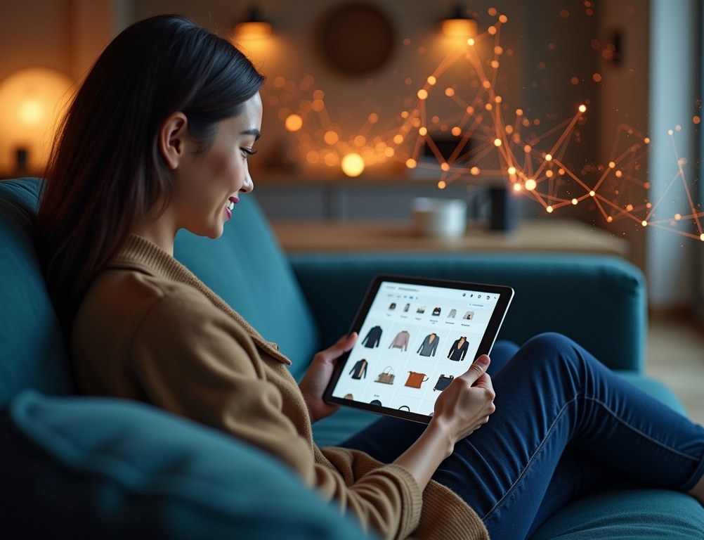 A person smiles while using a tablet that displays a personalized online store powered by AI.