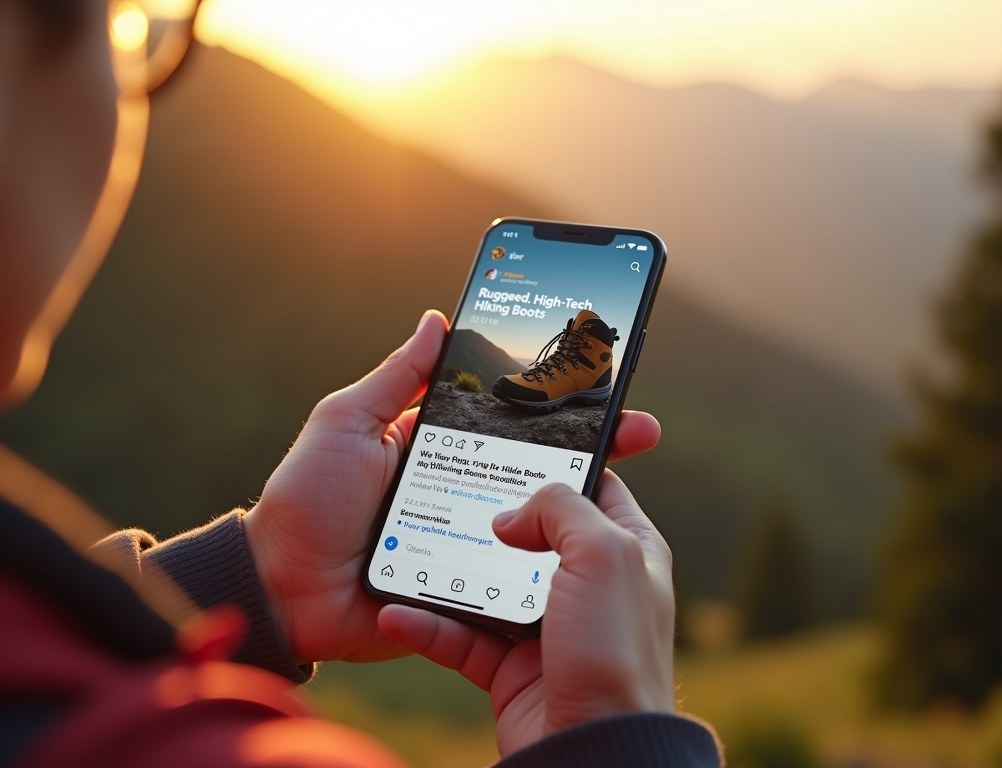 A person viewing a targeted ad for hiking boots on their smartphone while outdoors, representing pinpoint advertising.