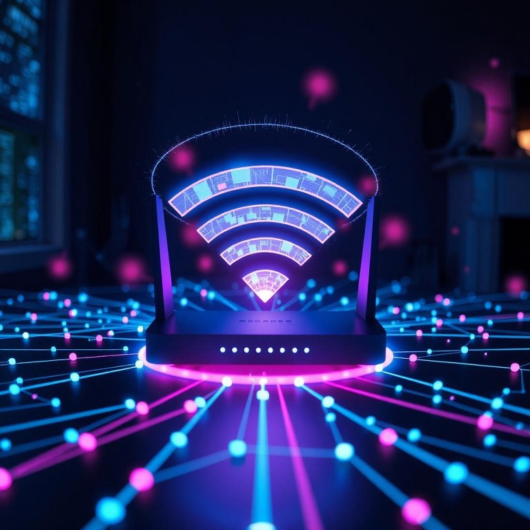 A powerful and robust Wi-Fi signal radiating from a sleek, modern router.