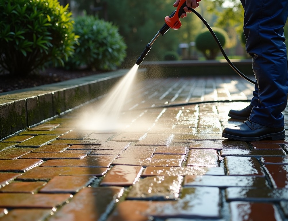 A professional cleaner uses a pressure washer to clean a dirty brick patio, showing a clean line of progress.