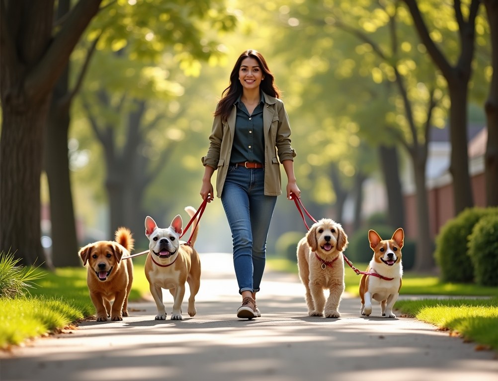 A professional dog walker smiles as she walks five different breeds of dogs on a sunny suburban street.