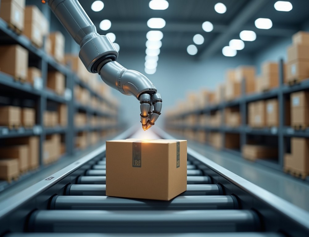 A robot arm in a warehouse places a box with a holographic label on a conveyor, visualizing predictive analytics and anticipatory shipping.