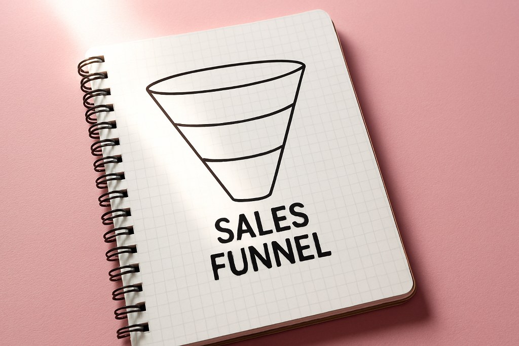 A sales funnel drawing on a notebook.