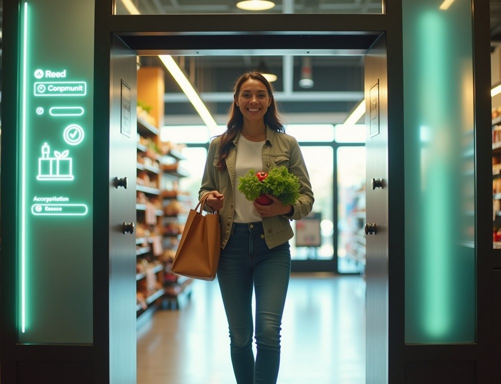 A shopper leaves a store through a smart archway, completing a frictionless, cashier-free checkout.