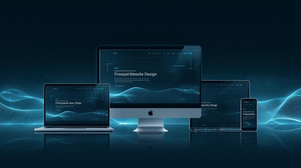 A single website layout seamlessly adapts across multiple floating devices.