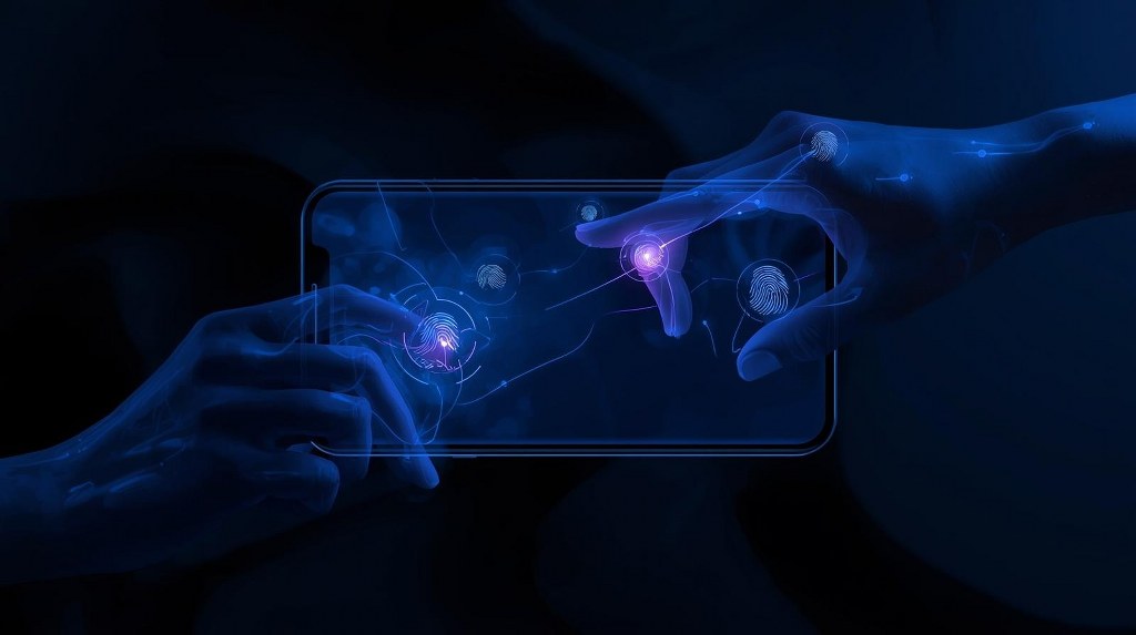 A smartphone screen displays an app interface with glowing touch points.