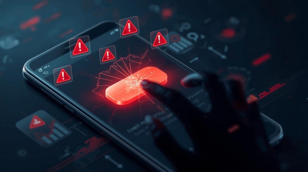A smartphone screen shows a large button that looks faded, cracked, or unresponsive when tapped. 