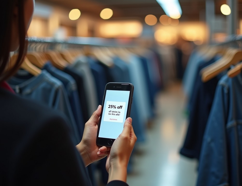 A smartphone screen shows a location-based discount triggered by an in-store IoT beacon.