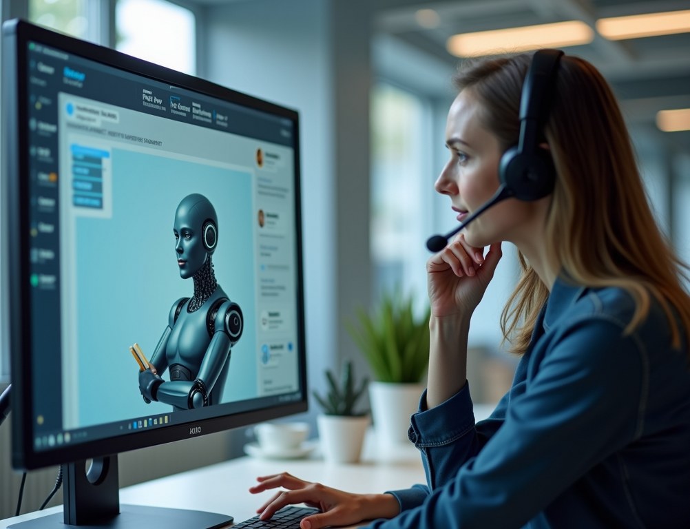 A split image showing an AI chatbot answering a simple query and a human agent handling a complex call, representing enhanced customer service.