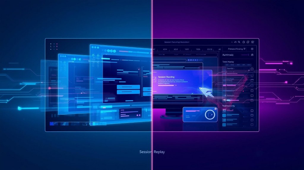 A split-screen digital illustration comparing session recording and session replay. 