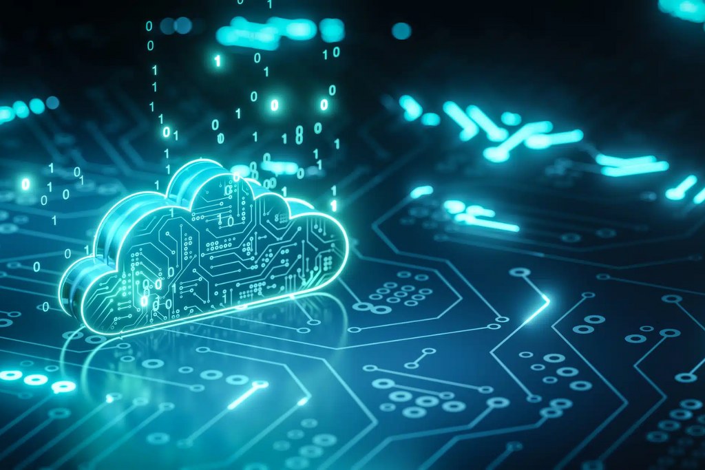 A stylized, digital representation of cloud computing. 