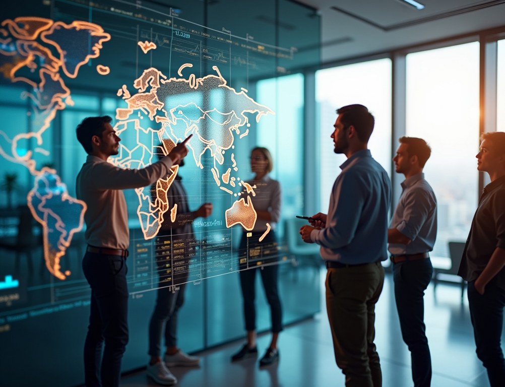 A team of professionals analyzing complex IoT data on a futuristic holographic display in a modern office.