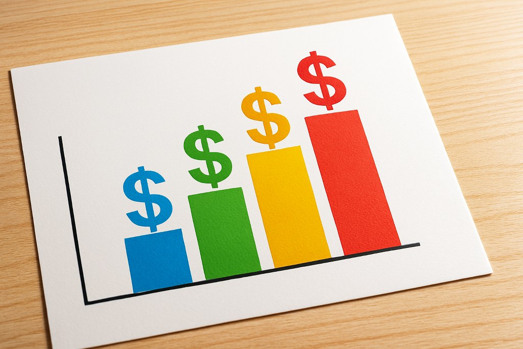 A tiered bar graph with ascending dollar signs on each level.