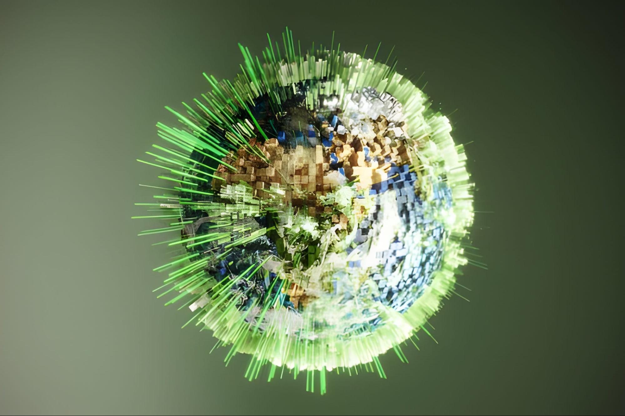 A vibrant, abstract 3D rendering of Earth as a voxel-based globe in shades of blue, green, brown, and white, encircled by radiating green energy spikes on a dark green background.