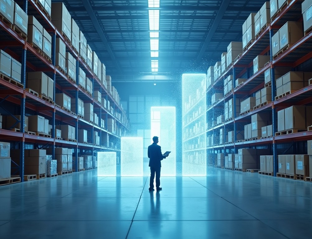 A warehouse manager watches holographic shelves scale upwards, symbolizing ecommerce business scalability.