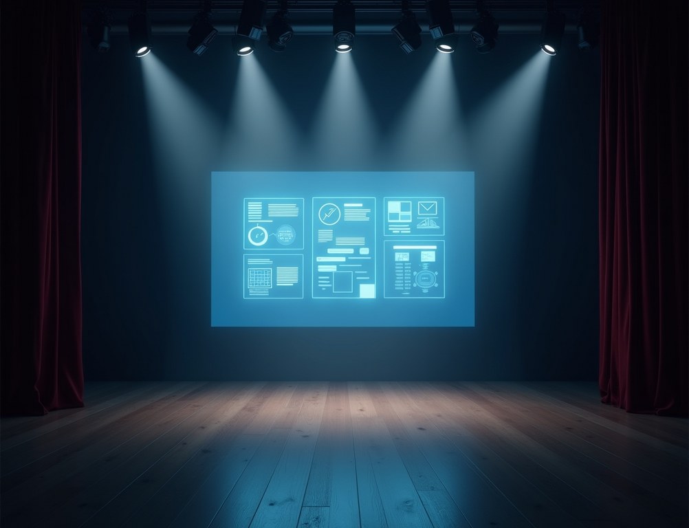 A website interface projected as a hologram on a theater stage, representing a dress rehearsal for a website launch.