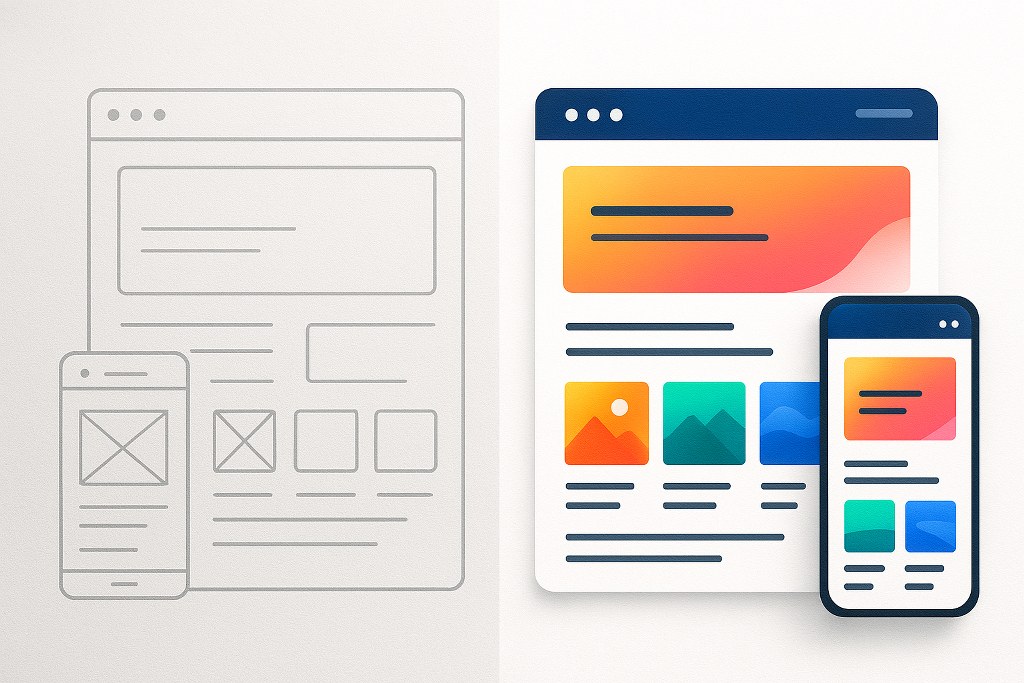 A wireframe and visual design illustrations.