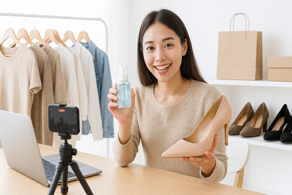 A woman filming herself while shopping.