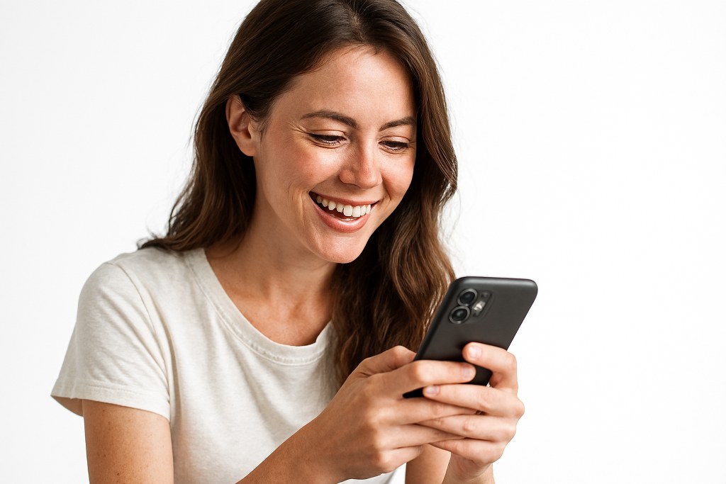 A woman happily scrolling through her phone.