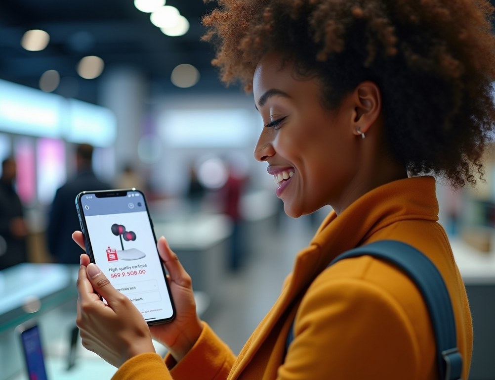 A woman in a retail store looks at her smartphone, which is displaying a personalized product recommendation.