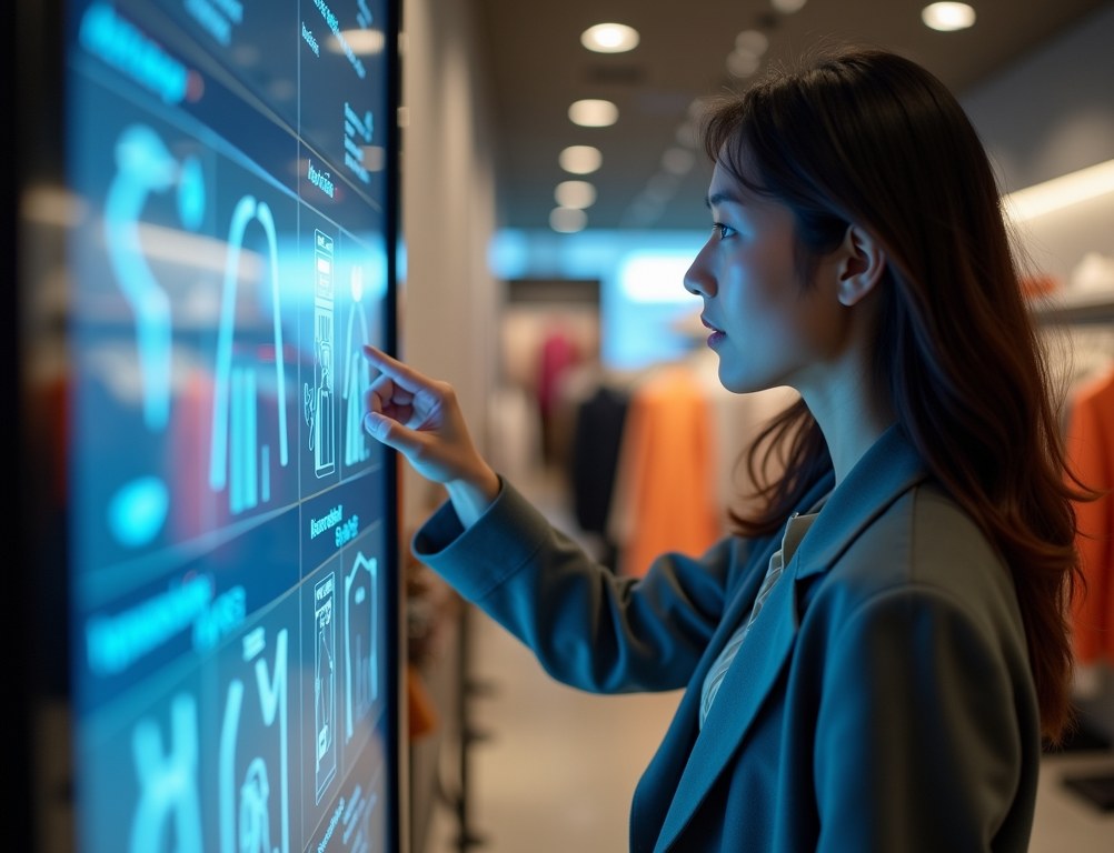 A woman uses a large touchscreen in a boutique to get personalized AI-powered style recommendations.