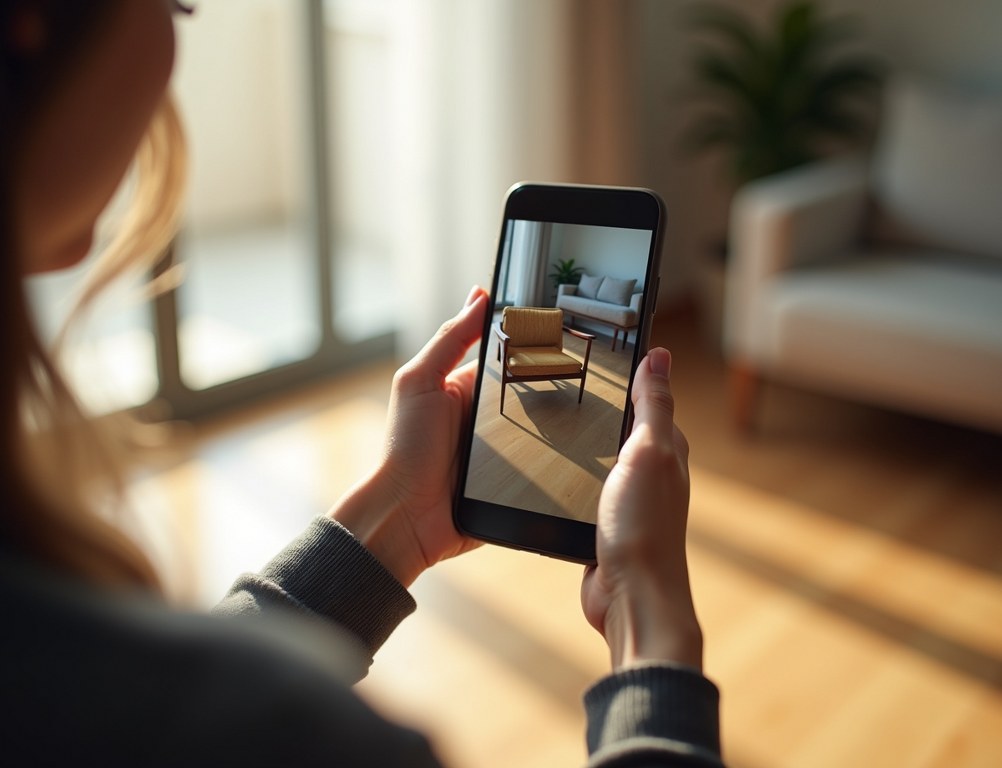 A woman uses her smartphone's augmented reality feature to visualize a new chair in her living room.
