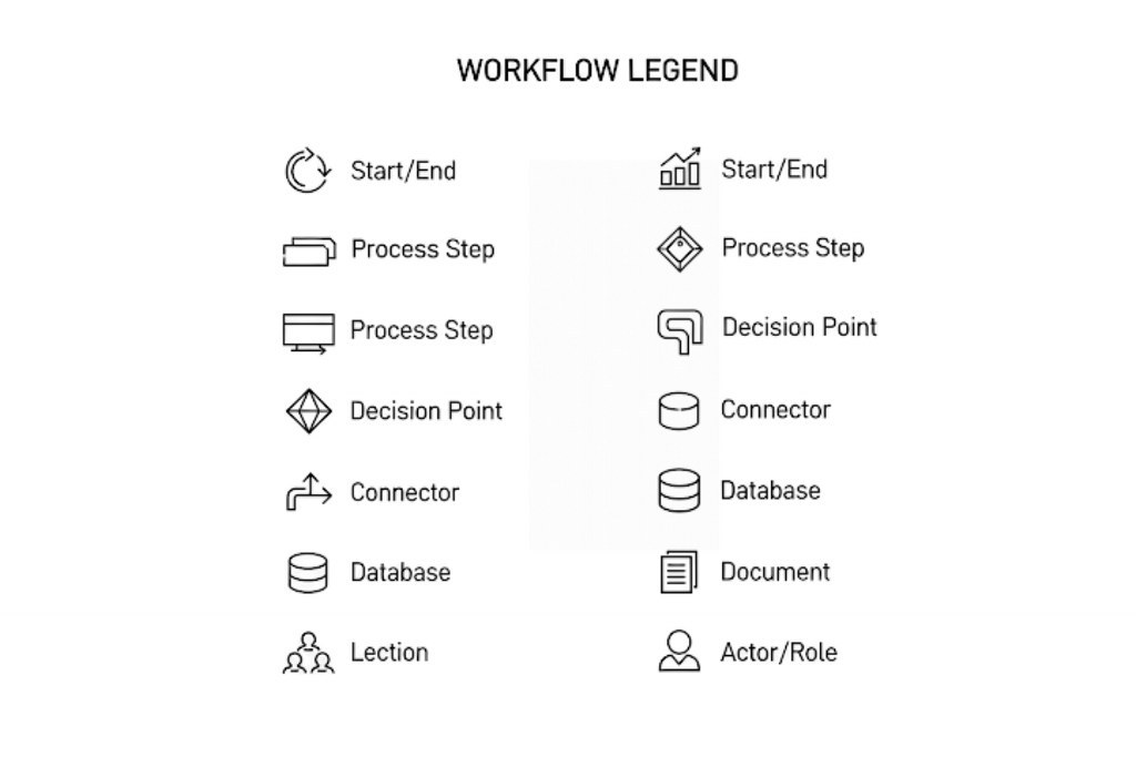 A workflow legend with symbols and their meanings.