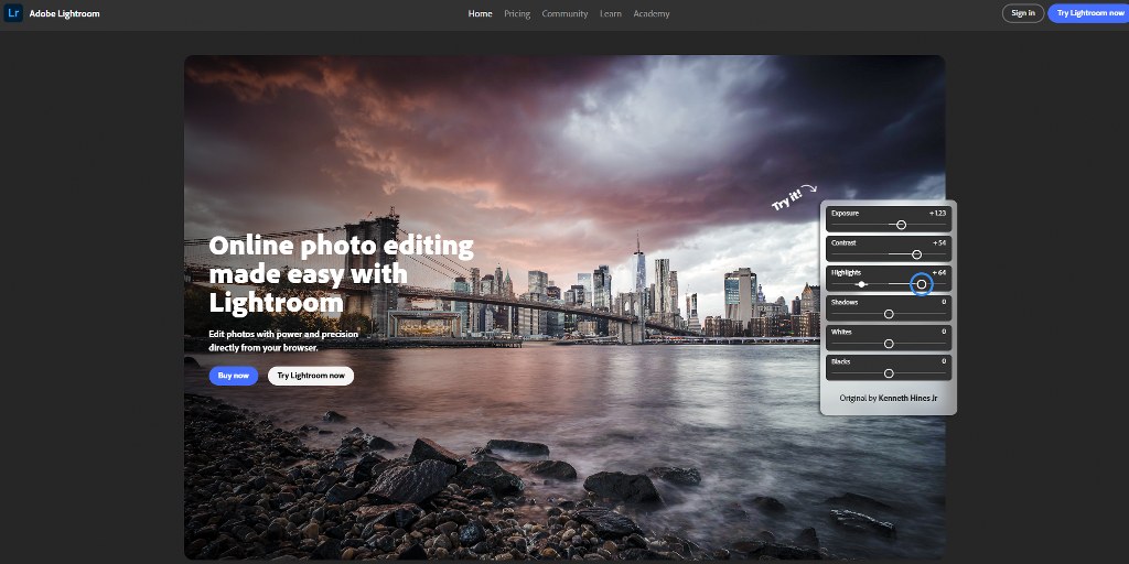 Adobe Lightroom's website homepage.