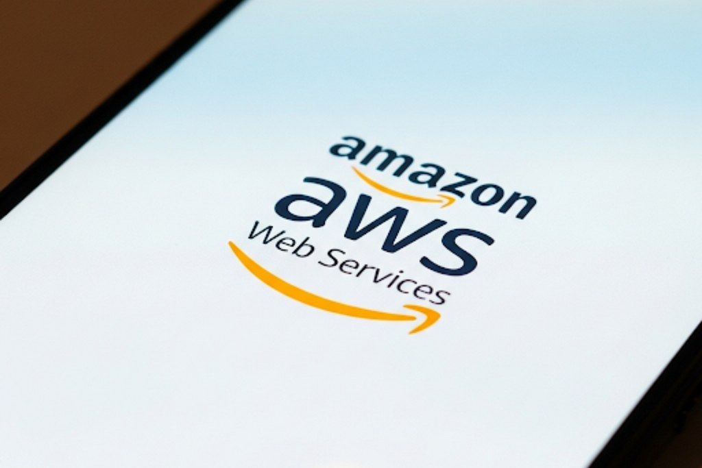 Amazon's AWS logo displayed on phone screen.