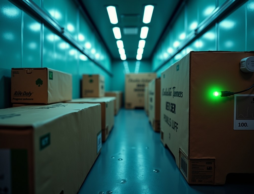 An IoT sensor monitoring the temperature of perishable goods inside a refrigerated delivery truck.