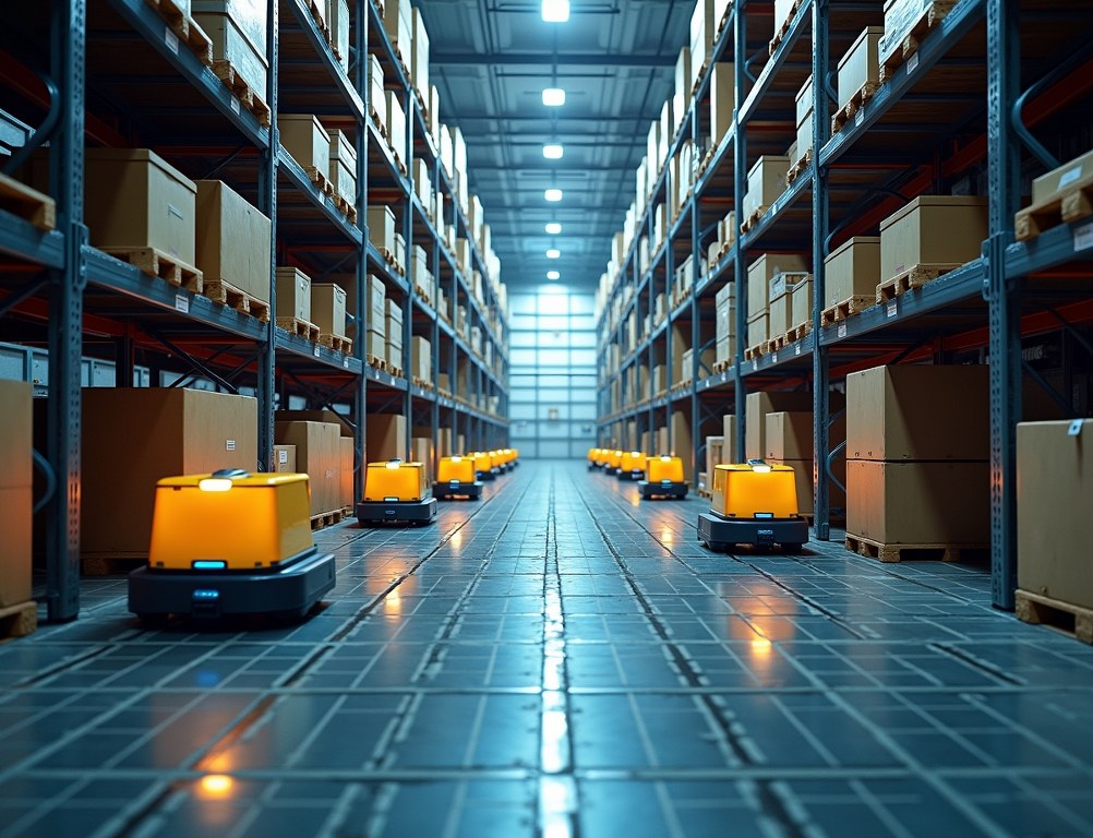 An automated warehouse with many robots moving goods across the floor, showcasing IoT in logistics.