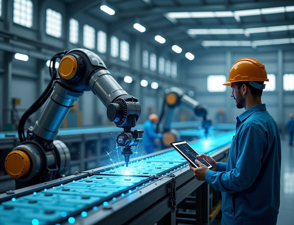 An engineer uses a tablet to monitor an advanced robotic arm in a smart factory enabled by Industrial IoT.