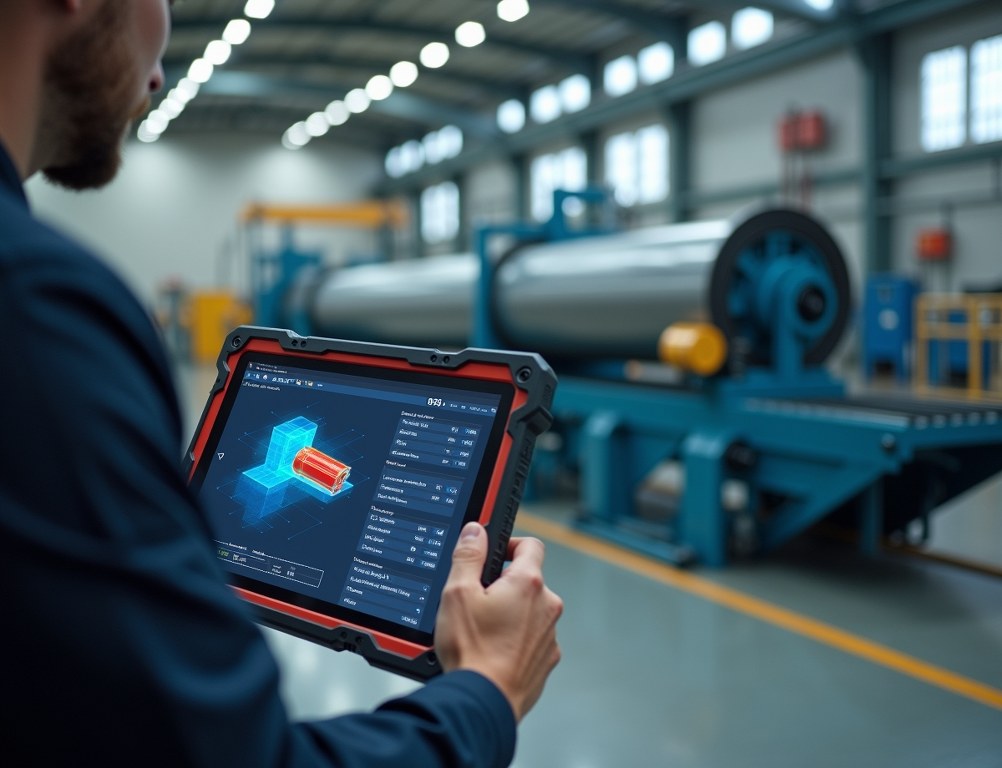 An engineer uses a tablet to view predictive maintenance data from a large piece of warehouse machinery.
