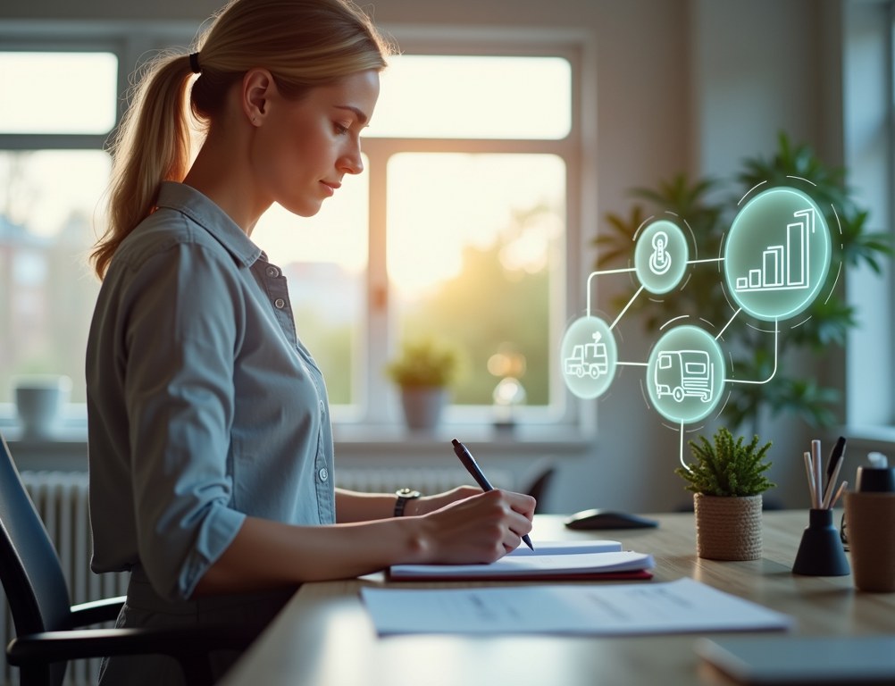 An entrepreneur focuses on product design while icons of outsourced services glow in the background.