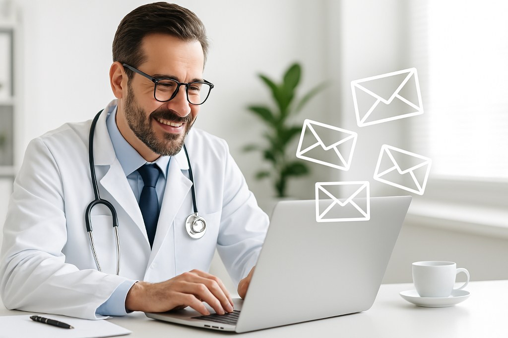 An illustration of a physician sending emails.