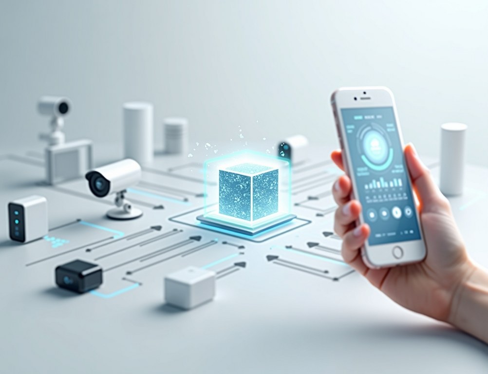 An infographic showing the three components of an IoT system: smart devices, an application, and a user interface.