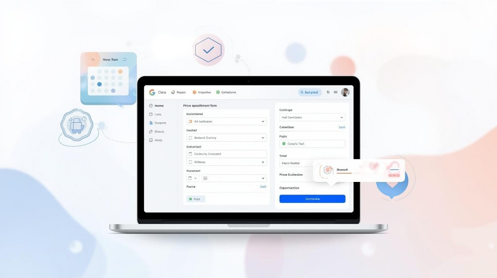 Around the laptop, floating UI elements such as a calendar icon, a price tag, a checklist, and a chat bubble.